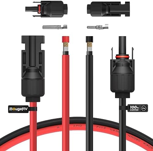 BougeRV 10 Feet 10AWG Solar Extension Cable with Female and Male Connector with Extra Pair of Connectors Solar Panel Adaptor Kit Tool (10FT Red + 10FT Black)