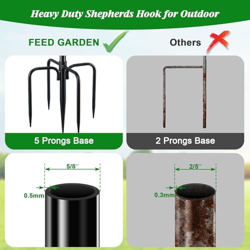 FEED GARDEN Bird Feeder Pole, 60 Inch Shepherds Hooks for Outdoor with 5 Prong Base, Adjustable Heavy Duty Shepherds Hook for Plant Baskets, Hummingbird Feeder, Wedding Decor, Lanterns,2 Pack