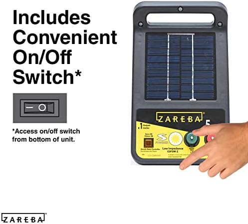 Zareba ESP5M-Z Solar Powered Low Impedance Electric Fence Charger - 5 Mile Lightning Electric Fence Energizer, Contain Animals and Keep Out Predators,Black