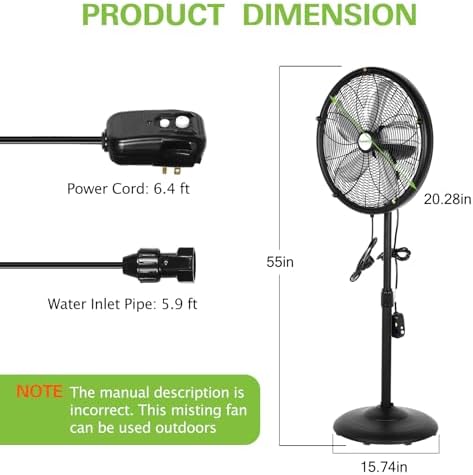 hykolity 18 inch Oscillating High-Velocity Outdoor Pedestal Misting Fan, 3-Speed Patio Fans for Outside, Adjustable Height, 120° Oscillation, Waterproof, Industrial Fan for Outdoor