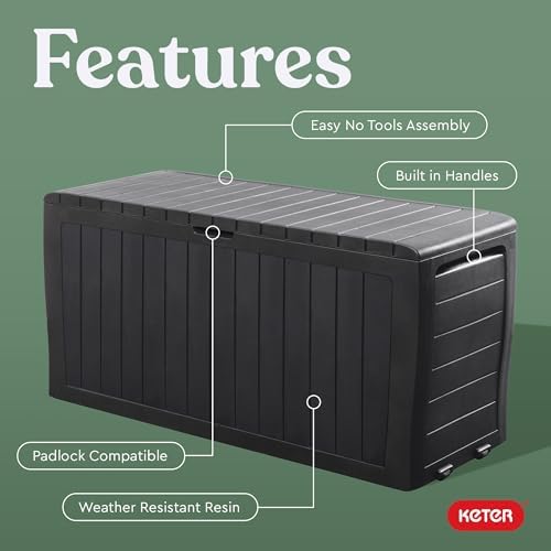 Keter Marvel Plus 71 Gallon Resin Deck Box-Organization and Storage for Patio Furniture Outdoor Cushions, Throw Pillows, Garden Tools and Pool Toys, Dark Grey