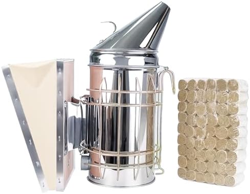 Stainless Steel Bee Hive Smoker with Heat Shield Included 54Pcs Smoker Pellets for Beekeeping Starters Supplies