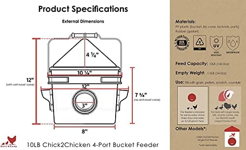 RentACoop Chick2Chicken 10lb BPA-Free 4-Port Feeder - Includes Anti-Roost Cone, Slider Port Cover, and Lid - Suitable for up to 20 Chicks & 12 Adult Chickens