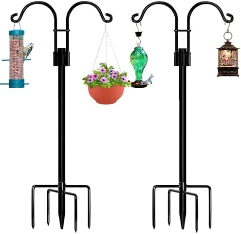 Double Shepherds Hooks for Outdoor, 2 Pack 76 Inch Bird Feeder Pole with 5 Prongs Base, Heavy Duty Garden Hook for Hanging Plant, Lantern, Hummingbird Feeder