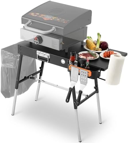 Grill Tables for Outside, Blackstone Griddle Stand with Trash Holder - Fit 17” or 22” Other Tabletop Grill, Folding Portable Ninja Grill Stand& Blackstone Table for Outdoor Tailgate, Camping