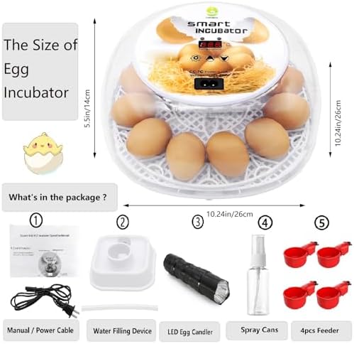 Incubators for Hatching Eggs, 12 Egg Incubator with Automatic Egg Turning and Temperature Control, Automatic Water Adding, LED Egg Candler, for Hatching Duck, Quail, Goose Eggs (White)
