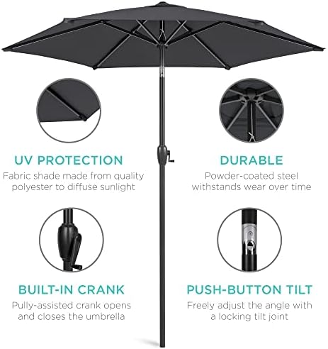Best Choice Products 7.5ft Heavy-Duty Round Outdoor Market Table Patio Umbrella w/Steel Pole, Push Button Tilt, Easy Crank Lift - Gray