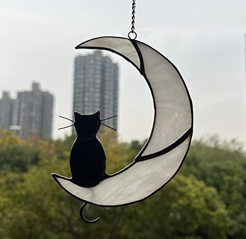 Black Cat Decor On White Moon Stained Glass Window Hanging Suncatcher for Windows Panels Sun Catcher Halloween Ornament Decoration Memorial Gift for Lover Cat Loss