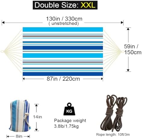 Double Hammock 2 Person Extra Large 330X150cm Load Capacity 600Pound Canvas Cotton Hammock for Patio Porch Garden Backyard Lounging Outdoor and Indoor XXL
