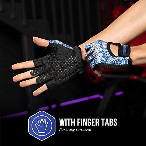 Contraband Pink Label 5387 Womens Design Series Paisley Print Lifting & Rowing Gloves (Pair) - Lightweight Vegan Medium Padded Microfiber Amara Leather w/Griplock Silicone (Blue, X-Small)