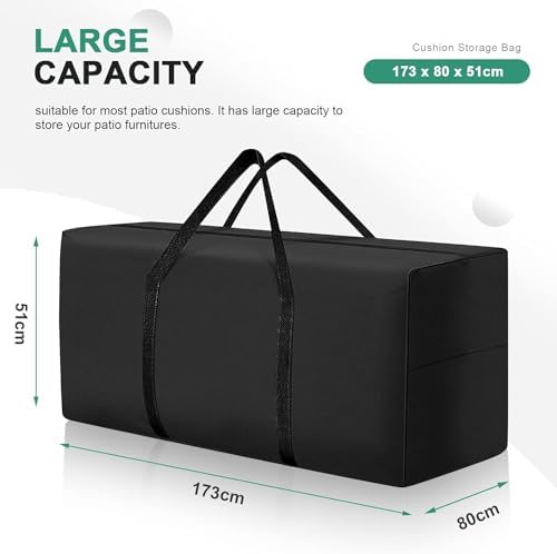 177 Gallon Outdoor Cushion Storage Bag 68 inch Extra Large Patio Furniture Cushion Storage Bag Waterproof Garden Cushion Storage Covers with Zipper and Handles Black (1 Pack, 68"L x 30"W x 20"H)