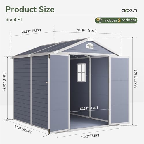 Aoxun 6 x 8 FT Outdoor Storage Shed with Window, Resin Shed with Floor & Lockable Doors, Garden Shed Waterproof Plastic Tool Shed with Sloped Roof for Backyard, Garden, Patio, Lawn, Grey