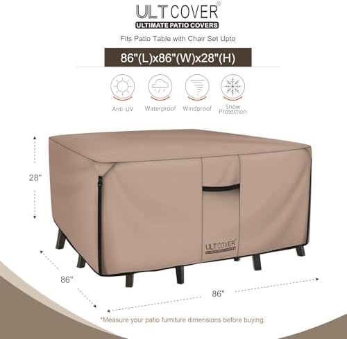 ULTCOVER Square Patio Heavy Duty Table Cover - 600D Tough Canvas Waterproof Outdoor Dining Table and Chairs General Purpose Furniture Cover Size 86 inch