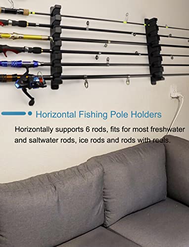 Ducurt Fishing Rod Rack Holders Wall-mounted Fish Pole Holder for Garage & Boat 6-Rod Storage Racks (Horizontal Black, 1 Pair)