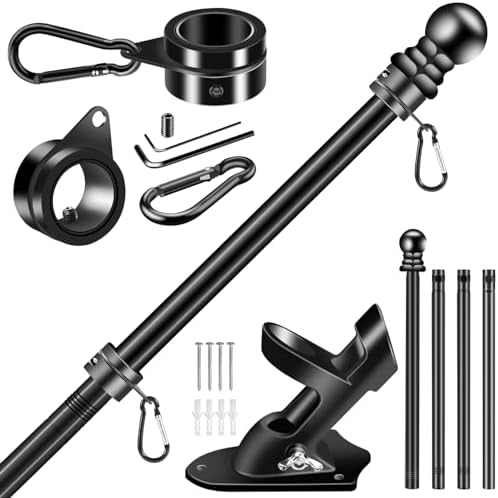 Black Flag Pole Kit for House, 5 FT Thickened Stainless Steel Outside Wall Mount Flagpole for 3x5' Flag, 1" Tangle Free Rotating Flag Pole Rings & 2-Position Bracket Holder for Porch