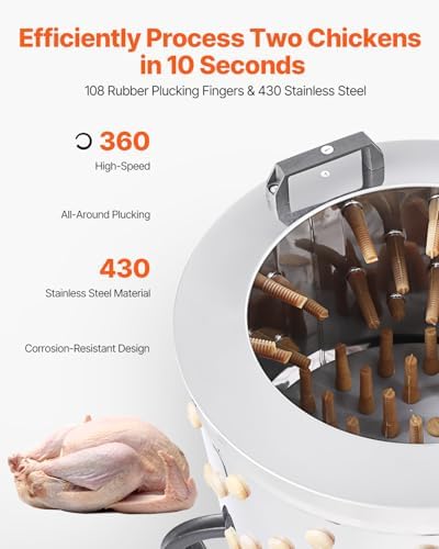 VEVOR Chicken Plucker Machine, 20-inch Stainless Steel Drum Feather Plucker, Defeathering Equipment with 108 Soft Rubber Plucking Fingers, Simple Debris Collection, for Chicken Poultry Plucking