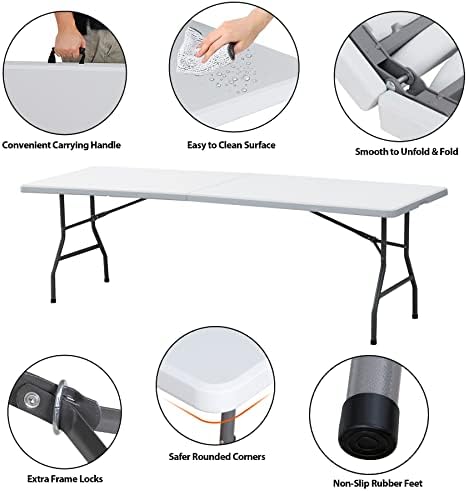 SUPER DEAL 8FT Folding Picnic Table for Indoor Outdoor, Portable Fold-in-Half Plastic Dining Camping Party Table with Carrying Handle