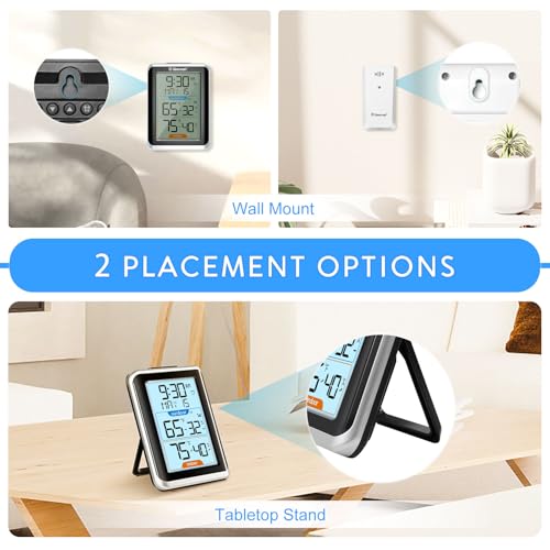 Geevon Wireless Indoor/Outdoor Thermometer & Hygrometer, Digital Temperature & Humidity Sensor with Time, Clock, 200ft/60m Range, Large Display