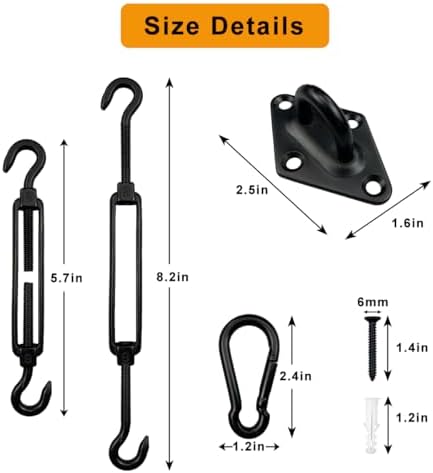 Shade Sail Hardware Kit 6 Inch - 304 Stainless Steel Sun Shade Hardware for Triangle/Rectangle Outdoor Sun Shade Sail, Black, 44 Pcs