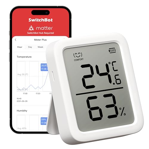SwitchBot Thermometer Hygrometer, Bluetooth Indoor Humidity Meter for Home, Temperature Sensor with App Control, Large LCD Display, Notification Alerts, 2-Year Data Storage Export