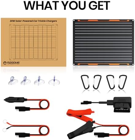 FlexSolar 20W 12V Solar Panel Battery Charger Maintainer Kits Trickle Charger with Built-in Charge Controller, Cig Plug, Alligator Clips, O-Rings OBDII Connector for Car, Truck,Tractor, Boat