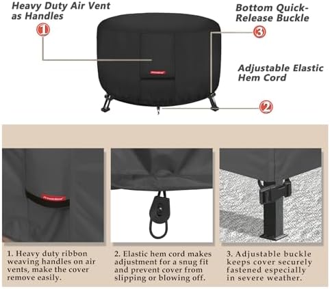 Porch Shield Fire Pit Cover - Waterproof 600D Heavy Duty Fade Resistant Round Patio Fire Bowl Cover Black - 50 inch