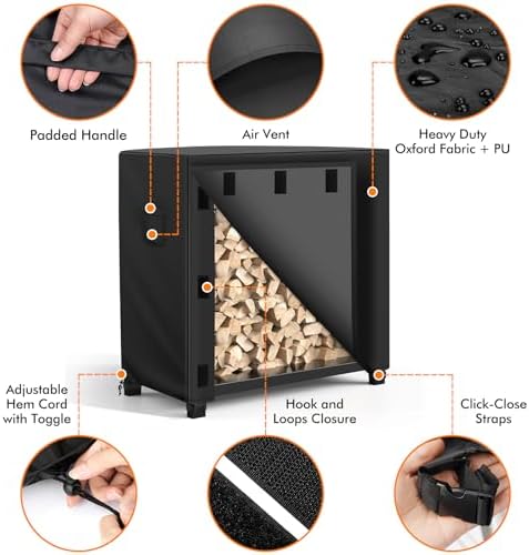 WLEAFJ Outdoor Firewood Rack Cover 4 feet, Log Rack Cover Waterproof, Wood Cover for Log Holder, 48" W x 24" D x 41" H, Black