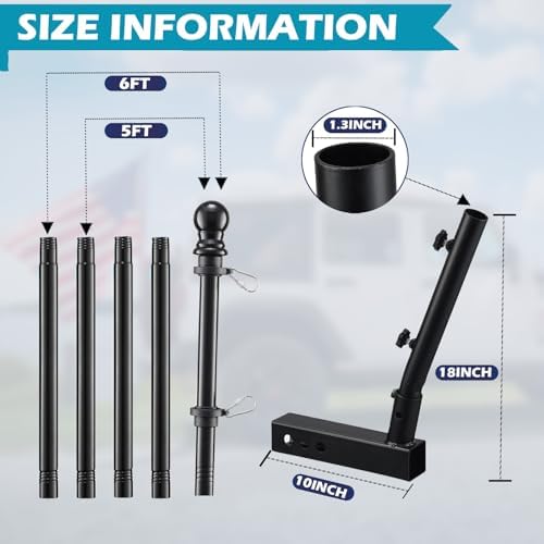Truck Flag Pole Kit with Trailer Hitch Holder - 6ft Heavy Duty Tangle Free Flagpole for Trucks,Dual Angle Mount,Windproof Long Sleeve for Tow Truck,Pickup Car,Jeep, Black
