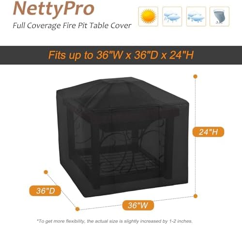 NettyPro Square Fire Pit Cover Fade Resiatant Waterproof Heavy Duty 600D Outdoor Patio Firepit Cover for Gas Propane Fire Pit Table, 36 x 36 x 24 Inch, Black