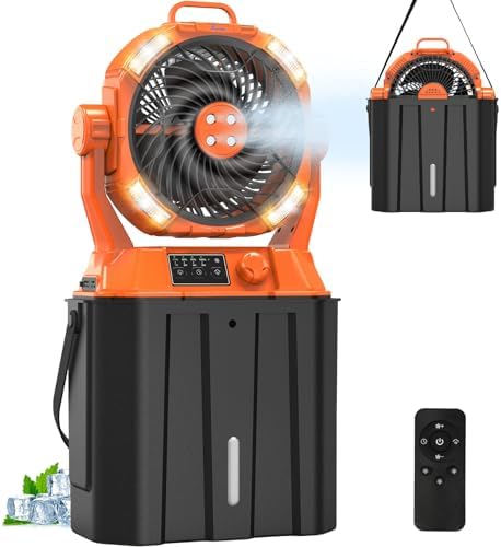 20000mAh Misting Fan with 6L Bucket & 4 Spray Misters, Waterproof Outdoor Cooling Fan for Camping/Patios - Remote Control, 4 LED Light, Stepless Speed & 56H Runtime, Rechargeable Battery, Hanging Hook