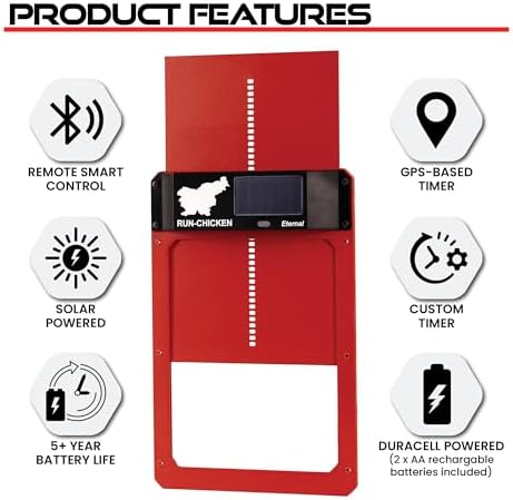 RUN-CHICKEN Door (Red) Solar, Chicken Coop Door, Battery Powered Automatic Chicken Coop Door, Programmable Electric Chicken Door with Timer, Light Sensor, Solar Powered, Eternal