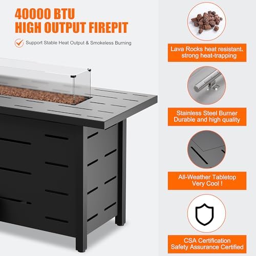 Walsunny 43 inch Outdoor Propane Fire Pit 50,000 BTU Gas Fire Pit Table with Lid, Waterproof Cover, Rectangle Gas Firepit Table for Garden/Patio, CSA Certification
