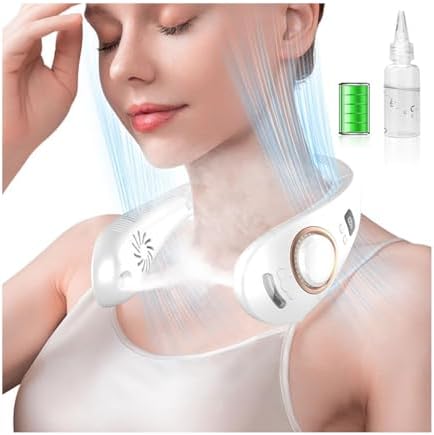 Neck Fan Rechargeable-Misting Neck Fans that Blow Cold Air,Folding Neck Cooling Fan with LED Display&5 Fan Speeds,Indoor Outdoor Hanging Bladeless Battery Powered Neck Cooler for Women Men Kids White