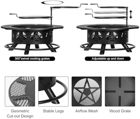 42 Inch Fire Pit with 2 Grills, Extra Large Wood Burning Fire Pits for Outside with Lid & Poker, Heavy Duty Firepit,BBQ& Outdoor Fire Pit & Round Metal Table 3 in 1 for Patio, Picnic, Party