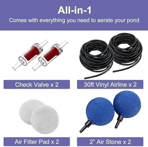 AquaMiracle Koi Pond Aerator for Pond up to 1000 & 2000 Gallons, All-in-One Pond Air Pump Aeration Kit with Air Stones Airline Tubing Check Valves