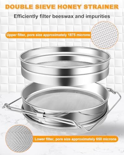 Stainless Steel Honey Strainer, Double Sieve Honey Filter, Honey Filters for 5 Gallon Bucket, Honey Fine Mesh Strainer, Honey Extractor Sieve Equipment for Clean Honey with Honey Harvesting Equipment