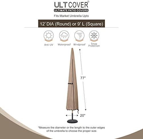 ULTCOVER Patio Parasol 600D Waterproof Outdoor Market Umbrella Cover - Fits Market Umbrella Up to 12 Feet