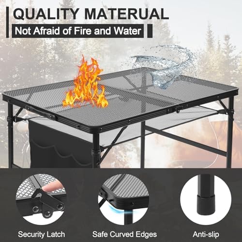 Folding Grill 3x2 FT Portable Camping Table, Lightweight Height Adjustable Metal Picnic Outdoor Table with Mesh Desktop and Mesh Bag, Beach and BBQ, Party