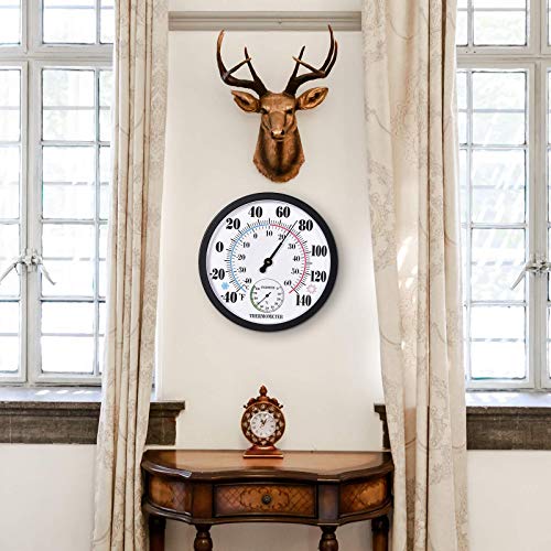 Indoor Outdoor Thermometer Large Numbers Wall Thermometer Hygrometer Waterproof Does not Require Battery 10 inch Wireless Hanging Hygrometer Garden Decoration (Black)