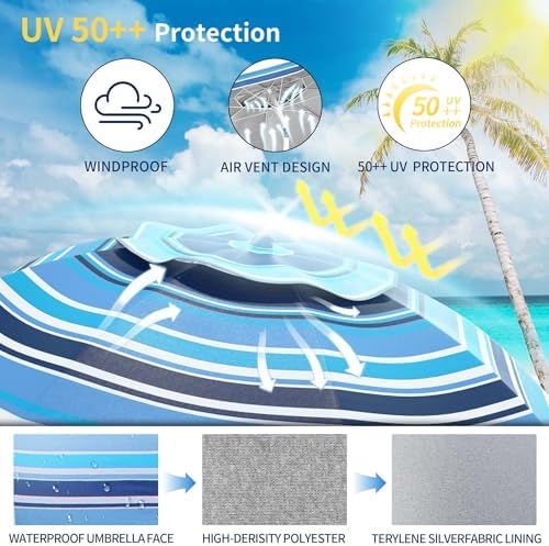 7ft Heavy Duty High Wind Beach Umbrella Parasols with sand anchor & Tilt Sun Shelter, UV 50+ Protection Outdoor Sunshade Umbrellas Carry Bag for Patio Garden Pool Backyard Stripe Blue