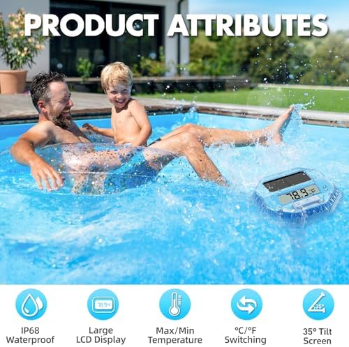 2025 Upgrade Digital Pool Thermometer Floating Easy Read, Solar Pool Thermometer with Dynamic Light Show, Large LCD Screen & IP68 Waterproof Pools Water Temperature Thermometers for Hot Tub