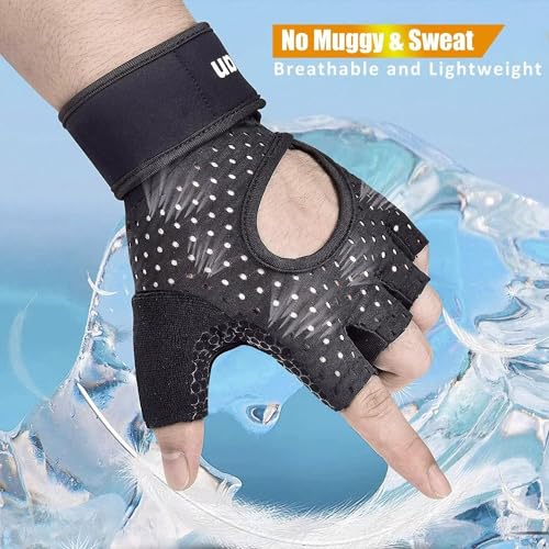 ihuan Breathable Weight Lifting Gloves: Fingerless Workout Gym Gloves Wrist Support Palm Protection Extra Grip for Fitness Rowing Pull-ups