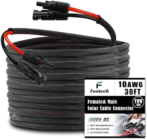 Twin Wire 30FT Solar Extension Cable - 10AWG (6mm²) Solar Panel Connector, with 6 Pairs-IP67-Male/Female Solar connectors for Outdoor Automotive RV Boat Marine Solar Panel- Black & Red
