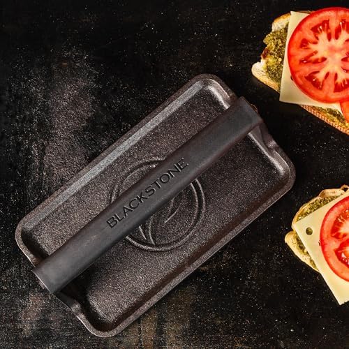 Blackstone 5553 Pre-Seasoned Cast Iron Griddle Press Medium Heavy Duty-Meat, Burger, Bacon, Steak, Panini, Sandwich, Sausage Heat Resistant Rubber Handle-10” x 5.5” (Rectangle), Black