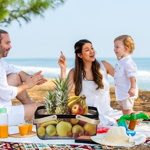 Dualshine 2 Pack Garden Harvest Basket, Metal Mesh Wire Picnic Basket with Handle, Rectangle Garden Baskets for Gathering Vegetables, Fruits, Kitchen, Home Cabinet Closet and Office(Black)