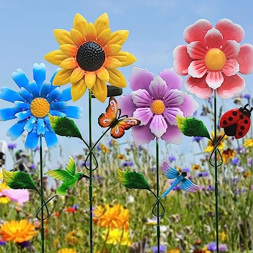 Solar Garden Stakes Lights for Outdoor Decor, 4 Pack Waterproof Metal Art Stick Flowers, Light for Outside Garden Patio Pathway Yard Backyard Porch Lawn