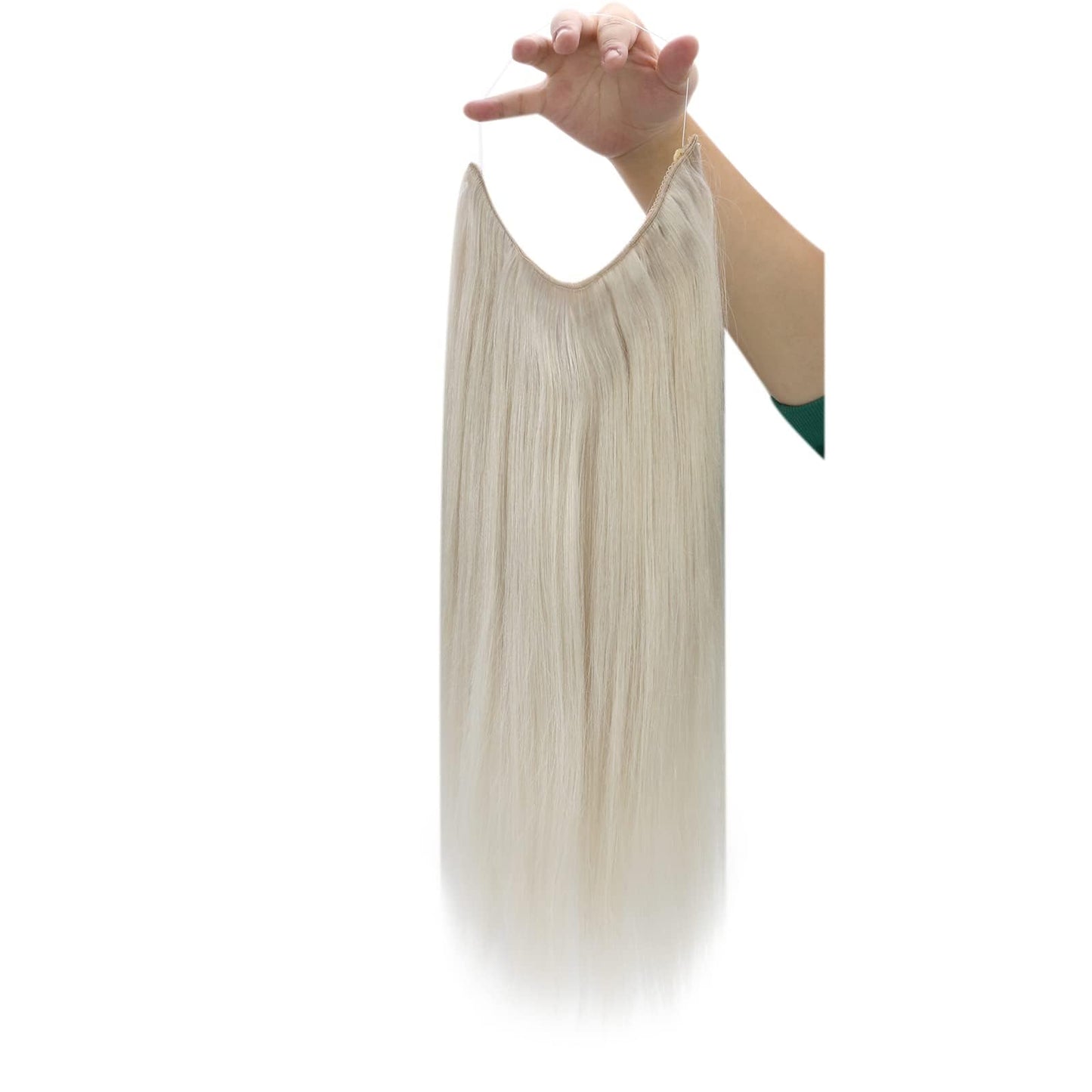 Fshine Invisible Wire Human Hair Extensions Off White Hidden Wire Hairpiece 16 Inch Adjustable Fishing Line Hair Extensions Clip Ins 100G