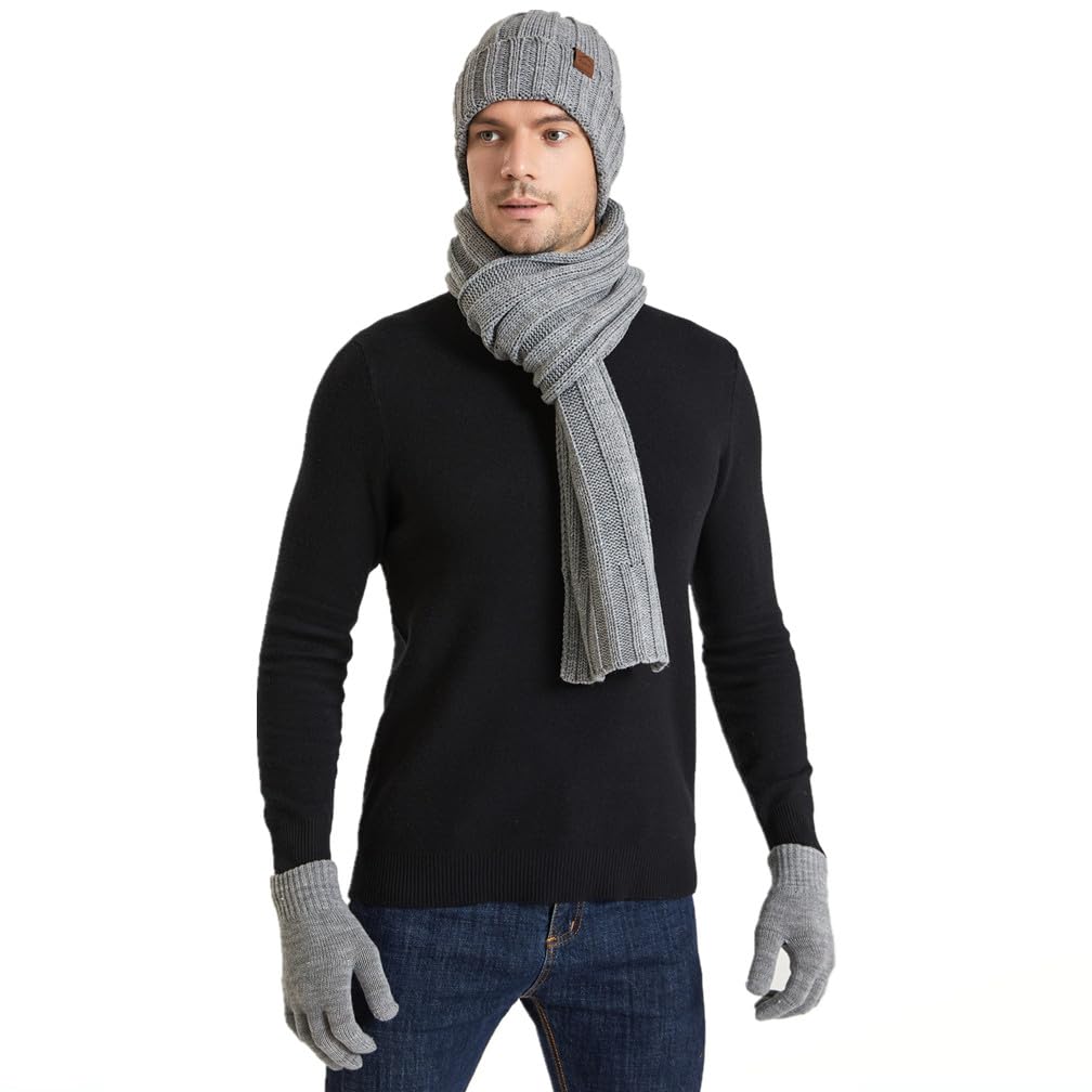 Yvechus 3 in 1 Winter Beanie Hat Scarf and Gloves Set Warm Knit Hat Thick Fleece Lined for Men Women (C style-Light Grey)