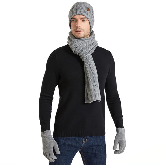 Yvechus 3 in 1 Winter Beanie Hat Scarf and Gloves Set Warm Knit Hat Thick Fleece Lined for Men Women (C style-Light Grey)