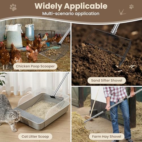 10inch Chicken Poop Scooper, 37 to 63 inch Long Chicken Coop Rake, Heavy Duty Stainless Steel Chicken Coop Scoop for Sand Sifter Shovel, Chicken Coop Cleaning Tools Accessories